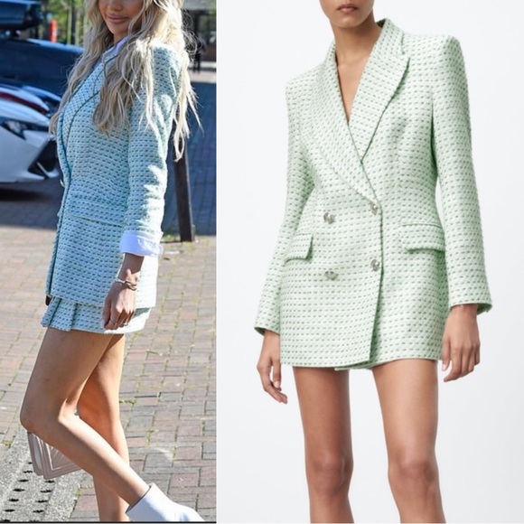 ZARA SET 2 Pc Co-Ord Suit Mint Green Textured Tweed Blazer & Pleated Mini Skirt - Picture 15 of 17